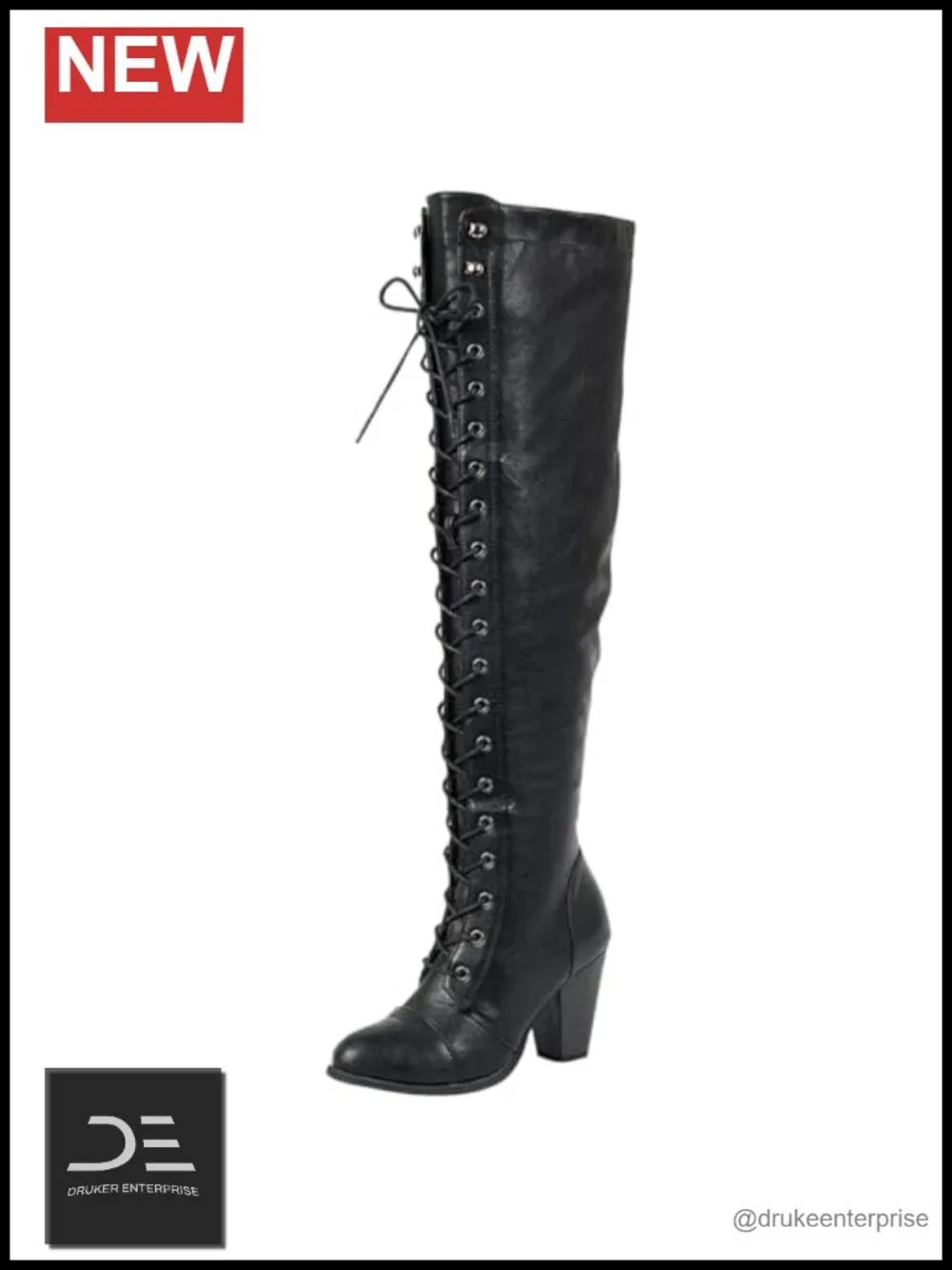 Over-the-Knee Block Heel Boots with Lace-Up Closure in Polyurethane
